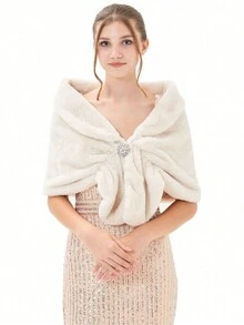 2 件套：披肩 + 披肩夹，时尚人造毛皮披肩，女士毛皮披肩，婚礼毛皮披肩，人造新娘毛皮披肩，冬季 - A - 查看 3