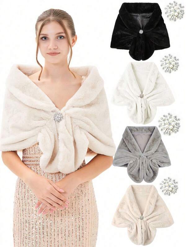 2pcs Set: Shawl + Shawl Clip, Fashion Faux Fur Shawl, Fur Shawl For Women, Wedding Fur Shawl, Artificial Bride Fur Shawl, Winter