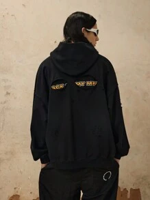 OVDY 1pc Men's Hand-Brushed Graffiti Printed Distressed Washed Outdoor Streetwear Hoodie