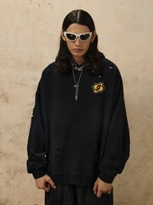 OVDY 1pc Men's Hand-Brushed Graffiti Printed Distressed Washed Outdoor Streetwear Hoodie