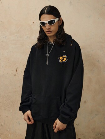 OVDY 1 件男士手工拉丝涂鸦印花做旧水洗户外街头连帽衫