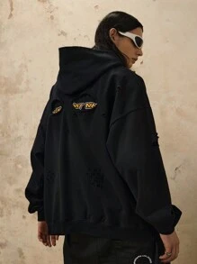 OVDY 1pc Men's Hand-Brushed Graffiti Printed Distressed Washed Outdoor Streetwear Hoodie