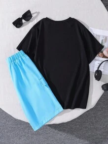 2pcs Tween Boy Letter Graphic Print Short Sleeve T-Shirt And Letter Embroidery Woven Shorts Set - Black - View 2