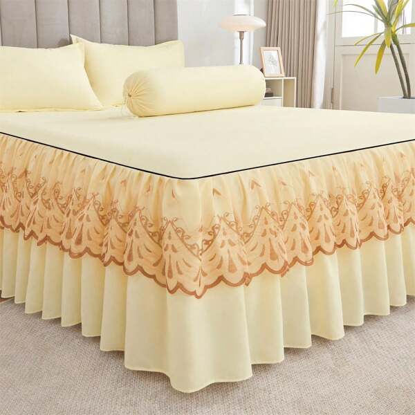 Juego de 3 piezas de falda de cama (1 falda de cama + 2 fundas de almohada, sin inserto de almohada), unicolor, ropa de cama antideslizante, adecuado para dormitorio y habitación de invitados, lavable a máquina