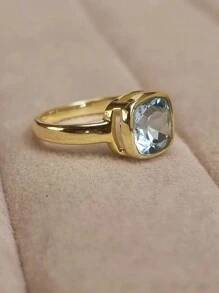 1pc Fashionable Light Blue Cubic Zirconia Stone Ring, Wedding, Engagement, Anniversary Gift For Women - 金色 - 查看 6