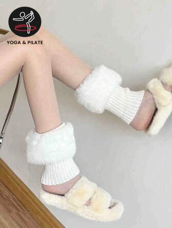 1 双女士白色加厚暖腿套，针织舒适暖腿套，适合秋冬季