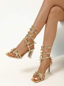 Spring/Summer Women's Crystal High Heel Sandals, Wrapped Design With Rhinestones And Butterfly Decor, Open Toe, Shiny Crystal High Heels, Suitable For Weddings, Parties And Other Occasions - Gold - View 3