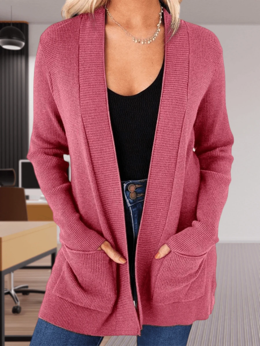 Womens Open Front Cardigans Casual Long Sleeve Classic Knit Sweater Outerwear With Pockets - 紅色 - 查看 1