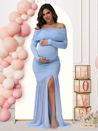 Vestido largo de manga larga con hombros descubiertos para maternidad, de unicolor con panel de malla y dobladillo con abertura, para fiesta de baby shower, sesión de fotos