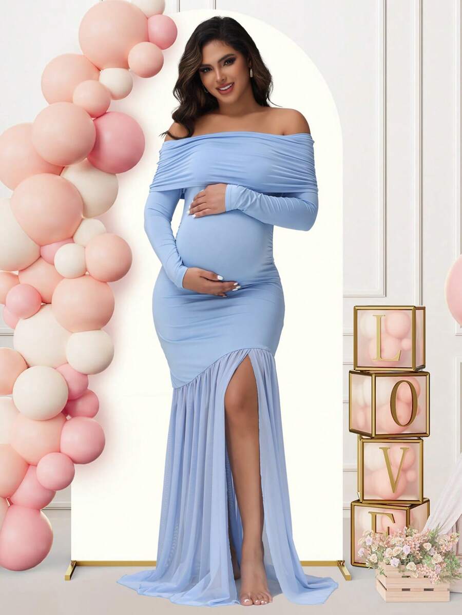 Maternity Long Sleeve Off Shoulder Dress Solid Color Mesh Paneled Split Hem Gown For Baby Shower Photoshoot Party - Baby Blue - View 1