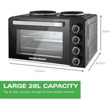28L Mini Oven With Double Hotplates Space Saving Electric Countertop Cooker Flexible Cooking Adjustable Temperature Control Timer 3100W - Black - as pic - View 5