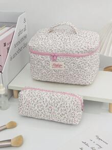1 Piece/Set Cute Pink Floral Cosmetic Bag Quilted Large Capacity Makeup Bag With Zipper Ditsy Floral Toiletry Wash Bag Portable Travel Makeup Brushes, Skincare Storage Pouch For Woman Flower Travel Toiletry Organizer Bag Pink Skincare Bag For Floral Pencil Case For School Bag Wedding Bridesmaid Gifts, Birthday Gifts, Mom Gifts - Pink - View 4