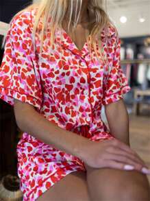 Women Pajamas Set Heart Print Button Short Sleeves Shirt And Drawstring Shorts For Loungewear Soft Sleepwear