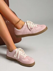 秋冬女士复古休闲运动鞋，经典低帮白色硫化鞋，厚底运动跑步鞋，粉色配橡胶外底，舒适时尚，适合女士 - 粉色 - 查看 11