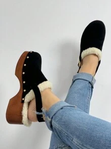 Neue Velourslederimitat Holzfersen Plateausandalen für Damen, stilvolle Sommer Sandalen für Frauen - Schwarz - Übersicht 2