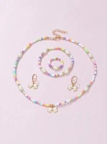 5pcs/Set Girls' Pearl Beaded Butterfly Necklace, Bracelet, Earrings, Ring Jewelry Set - Multicolor - View 5