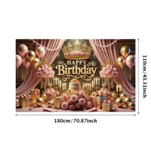 1 pièce Bannière d'anniversaire 180x110cm avec motif de couronne de ballons roses et dorés, toile de fond décorative