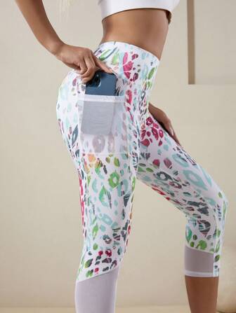 Summer Workout High Waisted Butt Lifting, Tummy Control Printed Pocket & Mesh Patchwork Workout Tight Yoga Leggings, Fitness Capri Pants