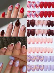 96 Peças/Caixa (4 Modelos Mistos) Unhas Postiças Curtas Ovais com Laço, Design de Unhas em Formato de Coração, Unhas Francesas Adesivas de Ajuste Perfeito, Inclui: 1 Peça de Cola de Gelatina e 1 Lixa de Unha, Unhas Francesas para Uso Diário de Mulheres e Meninas, Suprimentos de Unhas para Festas Rave