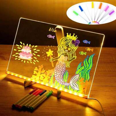 Acrylic Dry Erase Board With Led Light Up Dry Erase Board With Stand As A Glow Memo LED Letter Message Board Led Note Board White Board With 7 Color Pen For Office School Home,Back To School