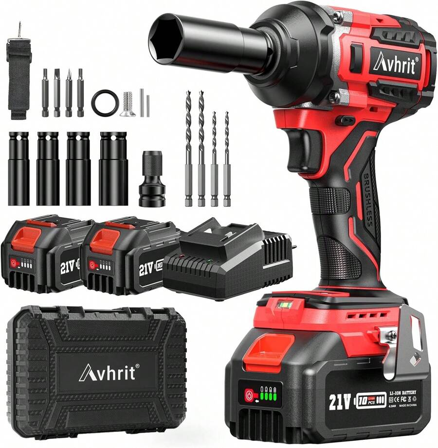 SEESII Avhrit Cordless Impact Wrench With 2 X 4.0Ah Lithium Battery, 700Nm/516Ft-Lbs 1/2 Inch Brushless Electric Impact Wrench For Home And Car, 5 Sockets, 4 Screws, 4 Drill Bits, Quick Charger Tools - 紅色 - 查看 1