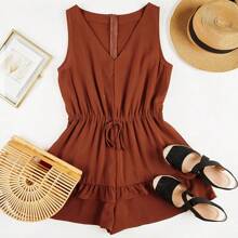 Womens V Neck Beach Tank Rompers Flowy Ruffle Layered Shorts Jumpsuit High Waist - gạch đỏ - Xem 4