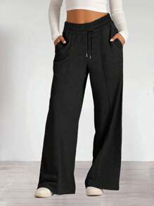 Women's Drawstring Stretch Low-Rise Jogging Sweatpants Casual Oversized Wide Leg Pants With Pockets - 黑色 - 查看 2