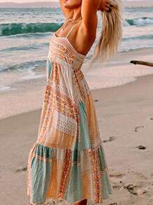 Boho Vacation Blue  Elegant Classic Tiered Maxi Long Shirt  Dress With Belt  Versatile Summer Dress For Women - 彩色 - 查看 1