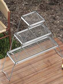 1pc Outdoor Burner Bracket, Portable Foldable Kettle Rack, Stainless Steel Striped Grid Compact Bracket - Silver - View 4