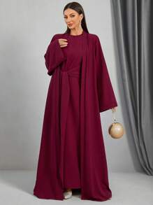 Women Loose Wrap Abaya Kaftan With Tie Waist, Solid Color, Modest Robe Spring Elegant - Burgundy - View 9