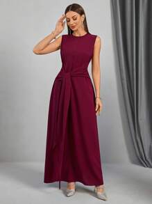 Women Loose Wrap Abaya Kaftan With Tie Waist, Solid Color, Modest Robe Spring Elegant - Burgundy - View 8