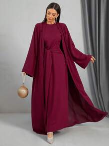 Women Loose Wrap Abaya Kaftan With Tie Waist, Solid Color, Modest Robe Spring Elegant - Burgundy - View 7