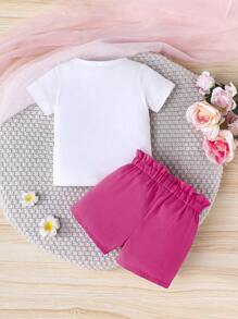 Set da 2 pezzi, magliette a maniche corte con stampa di lettere e fiocchi e pantaloncini per bambine/bambine piccole, outfit casual primaverili, leggeri, per primavera/estate