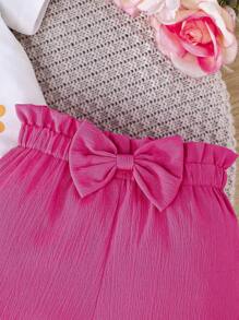 Set da 2 pezzi, magliette a maniche corte con stampa di lettere e fiocchi e pantaloncini per bambine/bambine piccole, outfit casual primaverili, leggeri, per primavera/estate