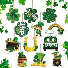24 piezas Decoración retro del Día de San Patricio, incluyendo herradura, gnomo verde, adornos colgantes de trébol de madera, suministros de fiesta en el hogar, los mejores regalos