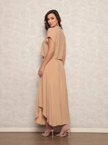 Women's Tailored Set Cropped Top And Long Round Half Moon Skirt Social Slit Evangelical Fashion - 杏色 - 查看 4