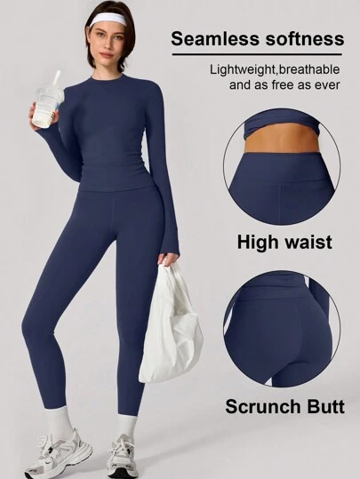 Women's Solid Color Casual Sports Top And Pants Set, Suitable For Daily Yoga And Workout