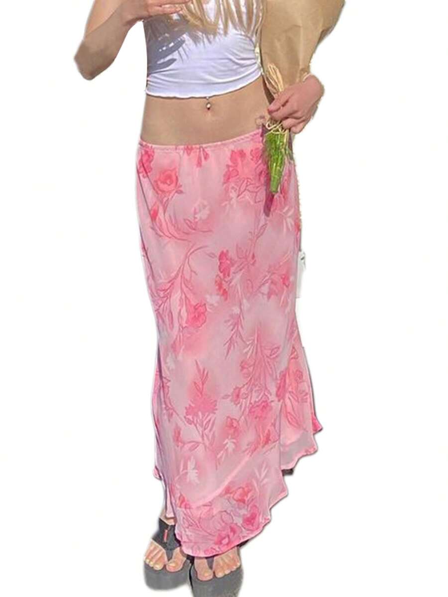 Women's Short Dress, Floral Print, Straight Cut, Loose, Stylish, Low Waist, Flowing Pink Skirt, Summer And Autumn. - 粉色 - 查看 1