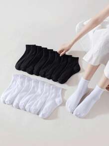 16 Pairs/Set Simple Black & White Mid-Calf Socks, Breathable, Odor-Resistant, Skin-Friendly - Multicolor - View 2