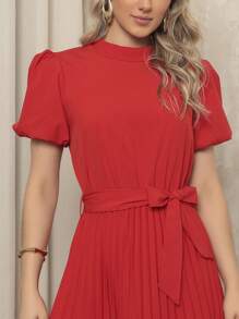 Women's Long Crepe Dress With Puffed Sleeves, Bow Waist And Pleated Skirt - Elegant And Sophisticated - 紅色 - 查看 5