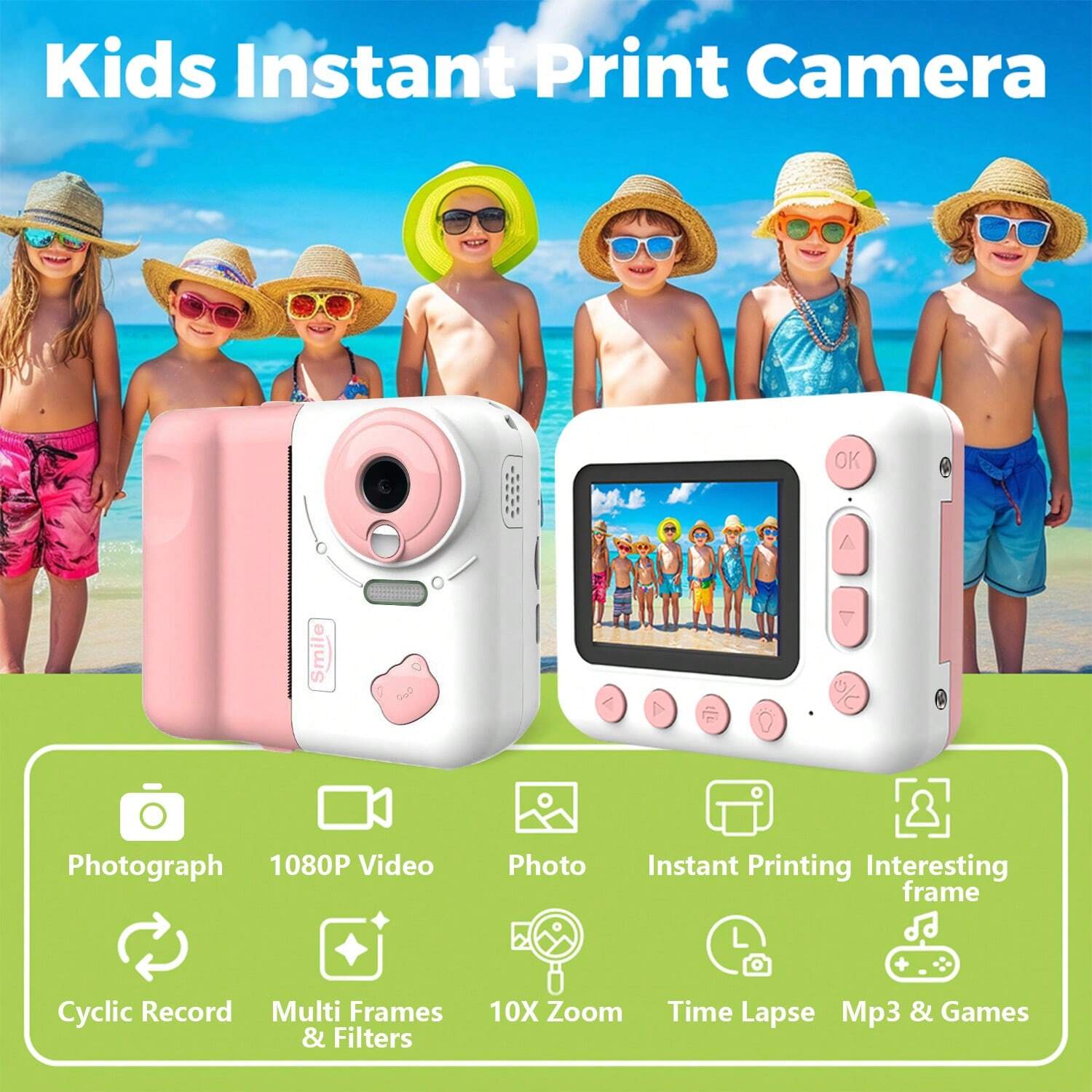 Cámara Instantánea Infantil Con Impresión Térmica, 14 MP Y 1080p, Incluye Tarjeta De 32 GB, 3 Rollos De Papel Y Funda Protectora, Para Niños De 3 A 12 Años