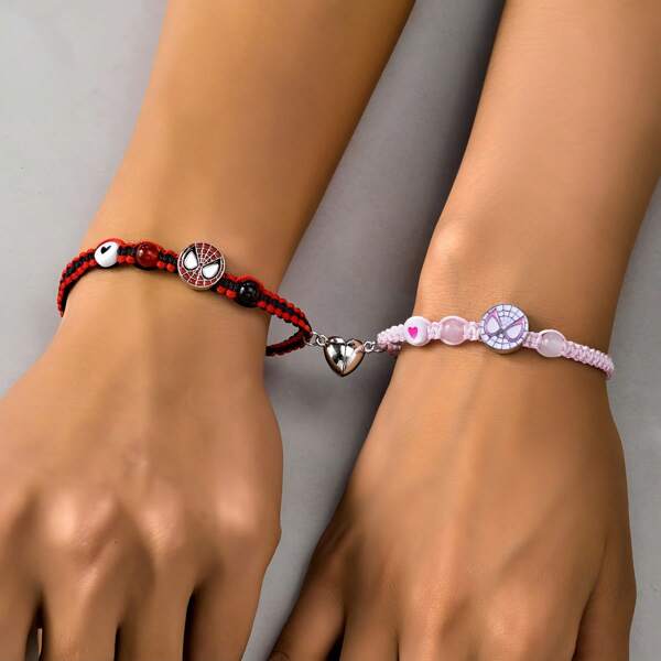 2Pcs/Set Bracelet Spider Men Cartoon Couple Friendship String Braided Bracelet Holiday Gift Bracelet Back To School Valentine's Day
