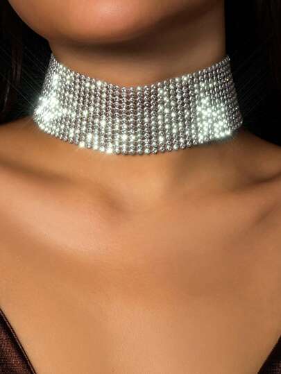 1pc Sexy Wide Version Full Of Diamonds And Shining Women's Personalized Neck Ring, Party Dance Women's Body Matching, Rave