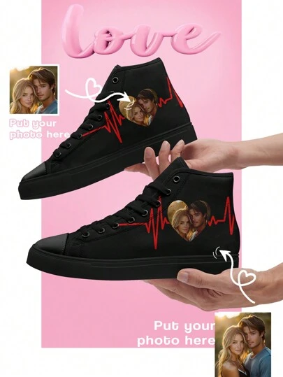 Custom High-Top Canvas Shoes For Couples – Personalized Photo Design, Heart-Shaped Love Pattern, Perfect Gift For Valentine's Day, Anniversaries, Birthdays, Matching His & Hers Shoes, Unique Customizable Couple Sneakers