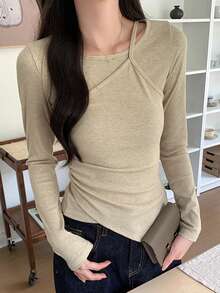 韩版不对称长袖T恤女秋冬修身层叠短款上衣温柔气质 - 杏色 - 查看 3