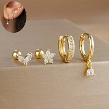 4 Stücke Ohrstecker Set mit Kubikzirkonia Sternblättern für Frauen, 18 Karat vergoldeter Edelstahl und Kupfer Ohrreifen Knorpel Schmuck