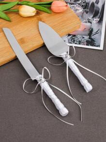 1 pieza Cuchillo y Servidor de decoración de mesa de boda estilo europeo, cortador de tarta hecho a mano con lazo de encaje y strass, cubertería de mesa para fiesta de bodas