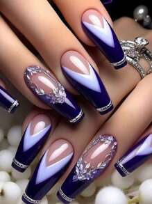 24 Stück elegante marineblau, weiß französische Spitze und lila Blümchen Muster Künstliche Nägel, modisches Linien Muster Kunstnägel Nail Art Maniküre Aufkleber Nagel Zubehör - Blau-Weiß - Übersicht 1