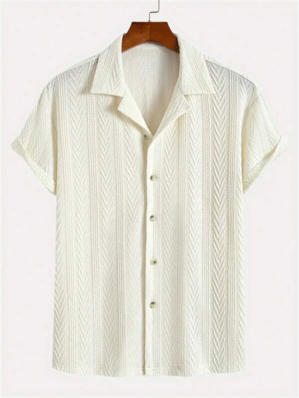 Camisa de malha com padrão geométrico masculina, manga curta, gola abotoada, blusa casual respirável, adequada para uso diário e de lazer, verão