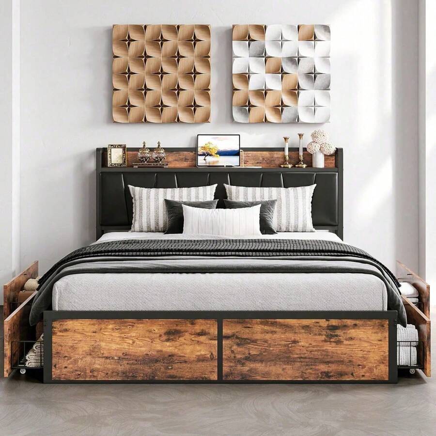 TBFUINPMPSDO King Bed Frame With 4 Storage Drawers, Platform Bed With Charged Headboard, Sturdy And Stable, No Noise, No Box Spring Needed, Easy To Install, Vintage Brown And Gray - Nâu và đen cổ điển - Xem 1